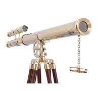 NAUTICAL HANDMADE ADMIRALS FLOOR STANDING BRASS WITH WOOD TELESCOPE 60" DOUBLE BARREL TELESCOPE