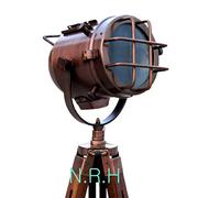 Nautical Handmade Copper Floor Lamp with Wooden Tripod Portable Office Lighting Decor Marine Low Floor Lamp Searchlight Home Decor