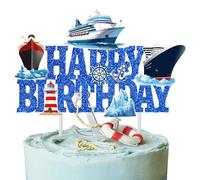 Nautical Happy Birthday Cake Topper Glitter Blue Ship Birthday Party Decorations Cruise Ship Cake Picks Ocean Nautical Ship Cake Decoration for Liner Lighthouse Baby Shower Supplies