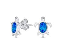 Nautical Hawaiian Beach Blue Created Opal Inlay Sea Turtle Stud Earrings Small .925 Sterling Silver For Women Teen 13MM