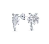 Nautical Hawaiian Pave Cubic Zirconia CZ Tropical Beach Vacation Palm Tree Stud Earrings For Women Teen .925 Sterling Silver