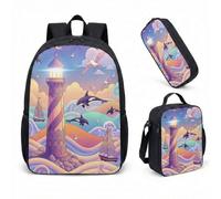 Nautical Lighthouse 17 Inch Backpack 3 Piece Set Sunset Beach Cartoon School Bag for Kids Primary and Secondary School (07)