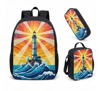 Nautical Lighthouse 17 Inch Backpack 3 Piece Set Sunset Beach Cartoon School Bag for Kids Primary and Secondary School (05)