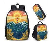 Nautical Lighthouse 17 Inch Backpack 3 Piece Set Sunset Beach Cartoon School Bag for Kids Primary and Secondary School (08)
