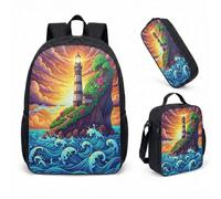 Nautical Lighthouse 17 Inch Backpack 3 Piece Set Sunset Beach Cartoon School Bag for Kids Primary and Secondary School (11)