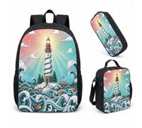 Nautical Lighthouse 17 Inch Backpack 3 Piece Set Sunset Beach Cartoon School Bag for Kids Primary and Secondary School (09)