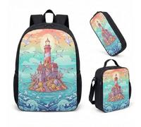 Nautical Lighthouse 17 Inch Backpack 3 Piece Set Sunset Beach Cartoon School Bag for Kids Primary and Secondary School (01)