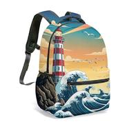 Nautical Lighthouse All Over Print 16 Inch Backpack Vintage Ocean Waves Starry Night Compass Rucksack, Ocean Themed School Bag Travel Daypack (08)