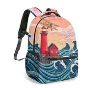 Nautical Lighthouse All Over Print 16 Inch Backpack Vintage Ocean Waves Starry Night Compass Rucksack, Ocean Themed School Bag Travel Daypack (04)