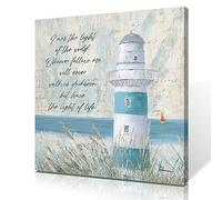 Nautical Lighthouse Bible Verses Wall Decor - Aqua Canvas Print Pictures Beach Themed Bathroom Decorations - Christian Scripture Wall Art with Inspirational Quotes Framed Ready to Hang 60x60cmx1 Panel