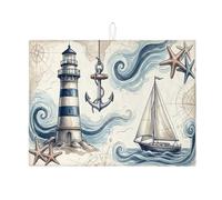 Nautical Lighthouse Dish Drying Mats for Kitchen, Blue Coastal Anchors Absorbent Dish Drainer Mat, Summer Oceanic Vintage Microfiber Drying Pad 18x24 Inch
