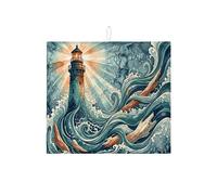 Nautical Lighthouse Dish Drying Mats for Kitchen Counter, Ocean Waves Absorbent Dish Drainer Rack Mat, Coastal Rustic Microfiber Drying Pad for Kitchen Counter Home Decor 16x18 Inch