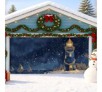 Nautical Lighthouse Garage Door Cover, Winter Starry Night Decor, Blue Holiday Outdoor Decorations, Christmas Party Background 157x71 Inch