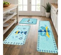 Nautical Lighthouse Kitchen Mats for Floor, Blue Ocean Waves Soft Mats, Summer Cushioned Comfort Washable Decor Rugs for Kitchen Sinks Laundryroom Bathroom 3pcs