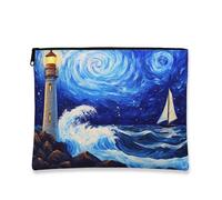Nautical Lighthouse Makeup Bag, Ocean Waves Art Cosmetic Travel Pouch for Women, Portable Small Canvas Zipper Organizer, Summer Beach Toiletry Bag, Blue, 7x9 Inch, Lighthouse