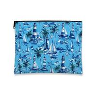 Nautical Lighthouse Makeup Bag, Tropical Ocean Cosmetic Travel Pouch for Women, Portable Canvas Zipper Organizer, Summer Beach Toiletry Bag, blue, 7x9 Inch, Lighthouse