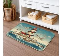 Nautical Lighthouse Quick Dry Bath Mat, Vintage Blue Seagulls Absorbent Non Slip Shower Mat, Coastal Flannel Washable Bath Rugs for Bathroom Toilet Restroom Decorative 16x24 Inch