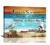 Nautical Lighthouse Wall Art Seascape Beach Seagull Boat Starfish Pictures Wall Decor Canvas Prints Motivational Quotes Sunset Painting Framed Modern Artwork for Bathroom Bedroom Dining Room Office