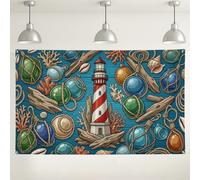 Nautical Lighthouse Wall Backdrop, Coastal Ocean Style Decor, Blue and Green Marine Theme Background for Summer Beach Parties, Vacation Photography Booth Supplies 71x43 Inch