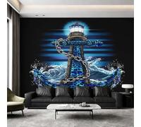 Nautical Lighthouse Wallpaper for Living Room, Leopard Print Anchor Wall Mural for Bedroom 500x350 cm, Non-Woven Photo Wallpaper, Home Decor D&O198