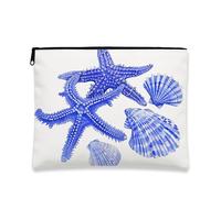 Nautical Makeup Bag, Blue Shells Artistic Cosmetic Travel Pouch for Women, Portable Small Canvas Zipper Organizer, Beach Gift Toiletry Bag, Blue, 7x9 Inch, Shells