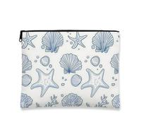 Nautical Makeup Bag, Blue Shells Coastal Cosmetic Travel Pouch for Women, Portable Small Canvas Zipper Organizer, Beach Gift Skincare Toiletry Bag, Blue, 7x9 Inch