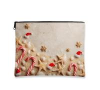 Nautical Makeup Bag, Candy Cane and Starfish Holiday Cosmetic Travel Pouch for Women, Portable Small Canvas Zipper Organizer, Christmas Skincare Toiletry Bag, Beige, 7x9 Inch
