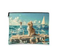 Nautical Makeup Bag, Cat and Bubbles Cosmetic Travel Pouch for Women, Portable Small Canvas Zipper Organizer, Summer Gift Toiletry Bag, Blue, 7x9 Inch, Bag