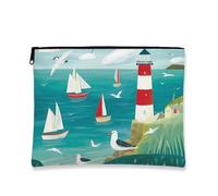 Nautical Makeup Bag, Coastal Lighthouse and Sailboats Cosmetic Travel Pouch for Women, Portable Canvas Zipper Organizer, Beach Vacation Gift Toiletry Bag, Summer Holiday, Turquoise, 7x9 Inch