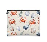 Nautical Makeup Bag, Crab and Shells Vintage Cosmetic Travel Pouch for Women, Portable Small Canvas Zipper Organizer, Beach Gift Toiletry Bag, Beige, 7x9 Inch
