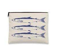 Nautical Makeup Bag, Vintage Fish Printed Cosmetic Travel Pouch for Women, Portable Small Canvas Zipper Organizer, Beach Gift Toiletry Bag, Beige, 7x9 Inch, Fish