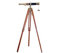 Nautical Marine Designer Brass Telescope Antique Finish single Barrel Black Leather Coverd Tube W/Wooden Brown Tripod Floor Standing Royal Handmade Authentic Telescopic - Navirock