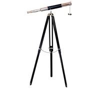 Nautical Marine Half Black Leather Coverd Tube Chrome Finish Single Barrel Telescope with Black Wooden Floor Standing Tripod Adjustable Sky Watcher.