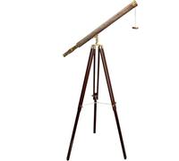 Nautical Marine Vintage Antique Brass Finish Single Barrel Telescope Covered With Unique Designer Tube Adjustable Brown Wooden Tripod Floor Standing For Navy Gift Items 73