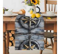 Nautical Metallic Rudder Table Runner 18x72 Inches Long Vintage Blue Wooden Broad Cotton Linen Table Runner Burlap Style for Dinner Table Party Decor Tabletop Decorations