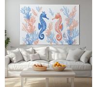 Nautical Ocean Animal Seahorse Modern Framed Canvas Wall Art 90L x 60W cm, Light Blue Large Giclee Prints Ready to Hang for Living Room Bedroom Office Decor - Wrapped Wood Frame