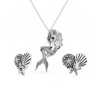 Nautical Ocean Beach Inspired Mermaid Pendant Necklace & Sand Dollar, Starfish, Seashell Stud Earrings Jewelry Set for Women Teens Oxidized .925 Sterling Silver