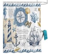 Nautical Ocean Shower Curtain for Bathroom, Vintage Compass Sailboat Lighthouse Anchor Waterproof Cloth Fabric Bathroom Accessories Set with 12 Rust Proof Plastic Hooks, 48” x 72”