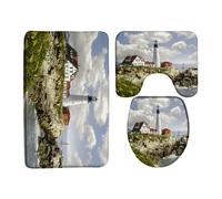 Nautical Ocean Wave Coast Cape Tower Rock Town Scenery Bath Mat Sets 3 Piece Absorbent Contour Mat Easy Clean Bathroom Rug For Indoor Shower Restrooms