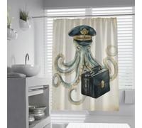 Nautical Octopus Bath Curtain W180xL180cm Captain Briefcase Design Water Repellent Washable Quick Dry Polyester Fabric Vintage Luxury Home Bathroom Tub Screen