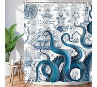 Nautical Octopus Shower Curtain Navy Blue Mermaid Ocean Funny Kraken Cool Coastal Map Shower Curtains Sets Polyester Waterproof Fabric Washable Decorative Bathroom Curtain 72" x 72" with 12 Hooks