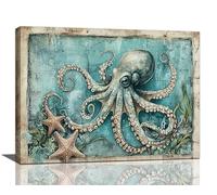 Nautical Octopus Wall Art Farmhouse Octopus Wall Decor Rustic Ocean Theme Pictures Canvas Print Painting Framed Artwork for Bathroom Home Decoration Living Room Bedroom 16"x12"