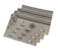 Nautical Placemats - Set of 4 -- Cotton Decorative Embroidered Design - Natural, Navy Blue and White (Boat, Compass, Anchor)