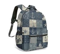 Nautical Print 16 Inch Backpack Sailboat Anchor Steering Wheel Starfish Patchwork Ocean Sea Pastel All Over Print Daypack (03)