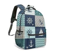 Nautical Print 16 Inch Backpack Sailboat Anchor Steering Wheel Starfish Patchwork Ocean Sea Pastel All Over Print Daypack (01)