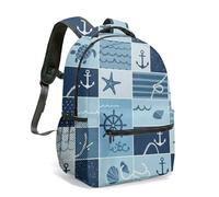 Nautical Print 16 Inch Backpack Sailboat Anchor Steering Wheel Starfish Patchwork Ocean Sea Pastel All Over Print Daypack (02)