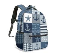 Nautical Print 16 Inch Backpack Sailboat Anchor Steering Wheel Starfish Patchwork Ocean Sea Pastel All Over Print Daypack (04)