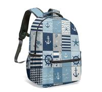 Nautical Print 16 Inch Backpack Sailboat Anchor Steering Wheel Starfish Patchwork Ocean Sea Pastel All Over Print Daypack (06)