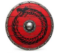 Nautical Replica Hub 24-Inch Wooden Viking Shield with Red and Black Ouroboros Dragon Design - Medieval Round Shield with Steel Boss and Trim for Cosplay, Wall Decor, and Reenactment