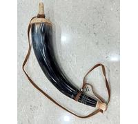 Nautical Replica Hub Black Gun Powder Horn with Brown Shoulder Leather Strap & Secure Wooden Stop
